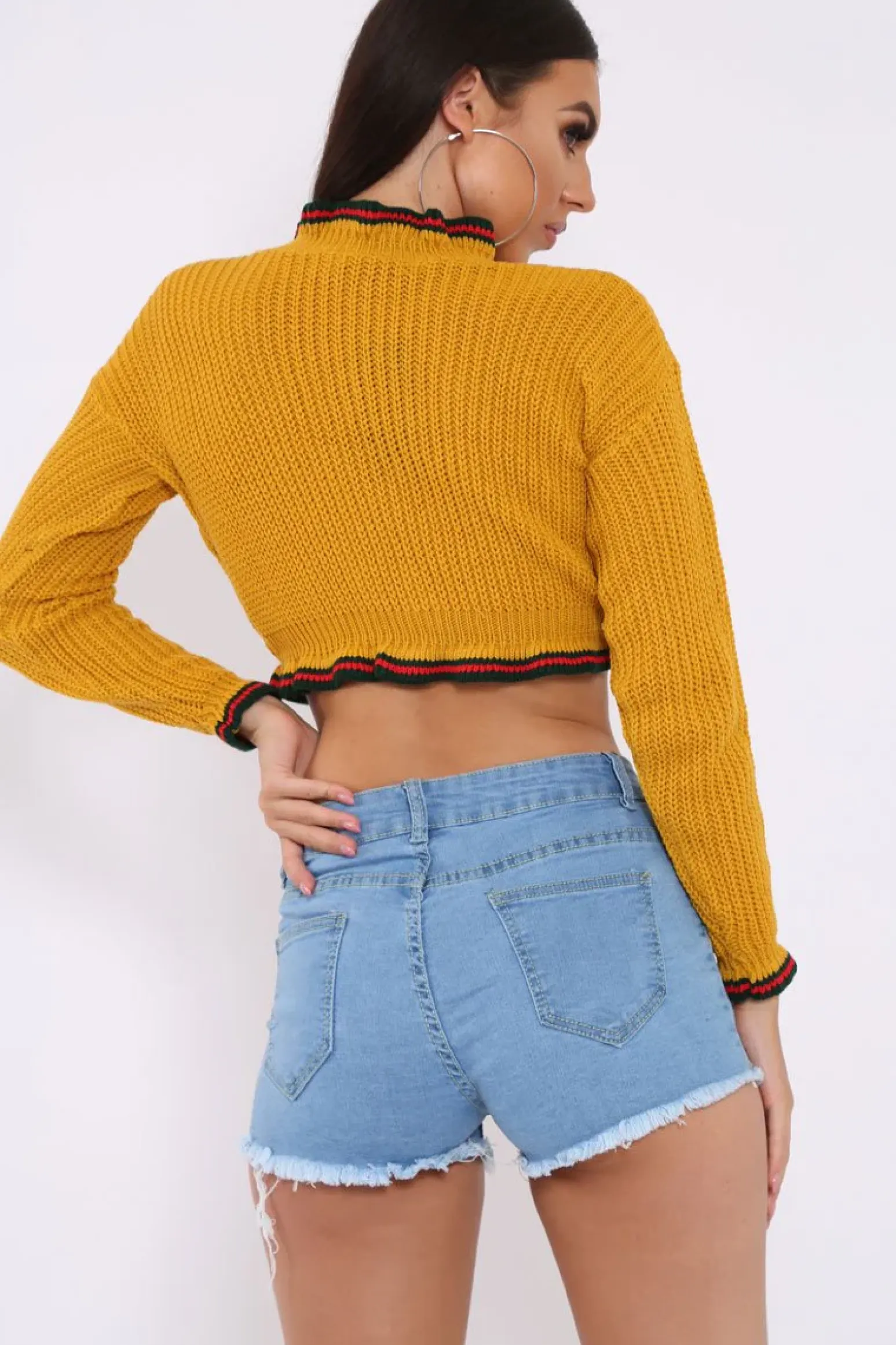 Rebellious Fashion Mustard Ruffle Hem With Stripe Trim Chunky Knit Crop Jumper - Alannah
