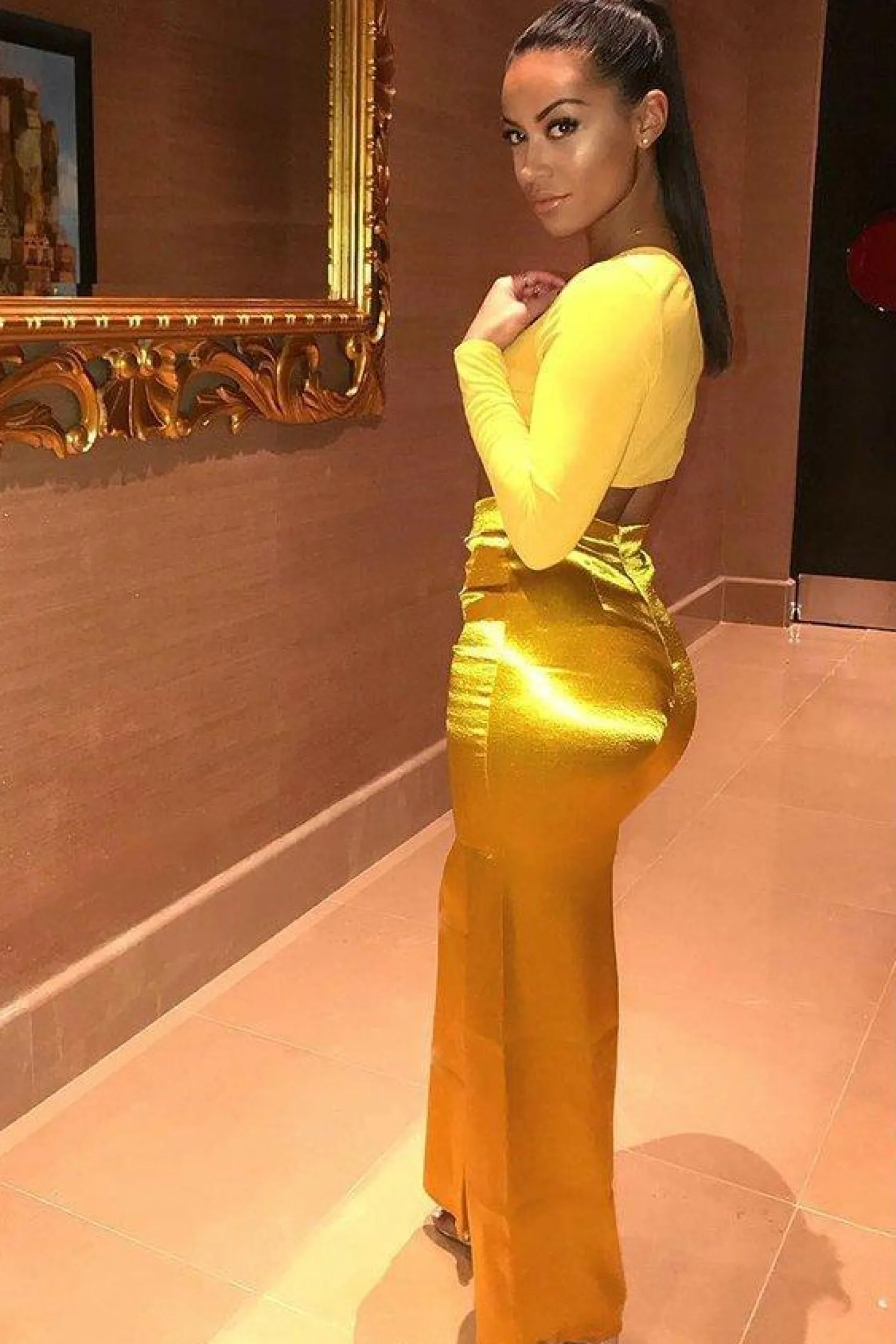 Rebellious Fashion Mustard Satin High Waist Flare Trousers -Tisha
