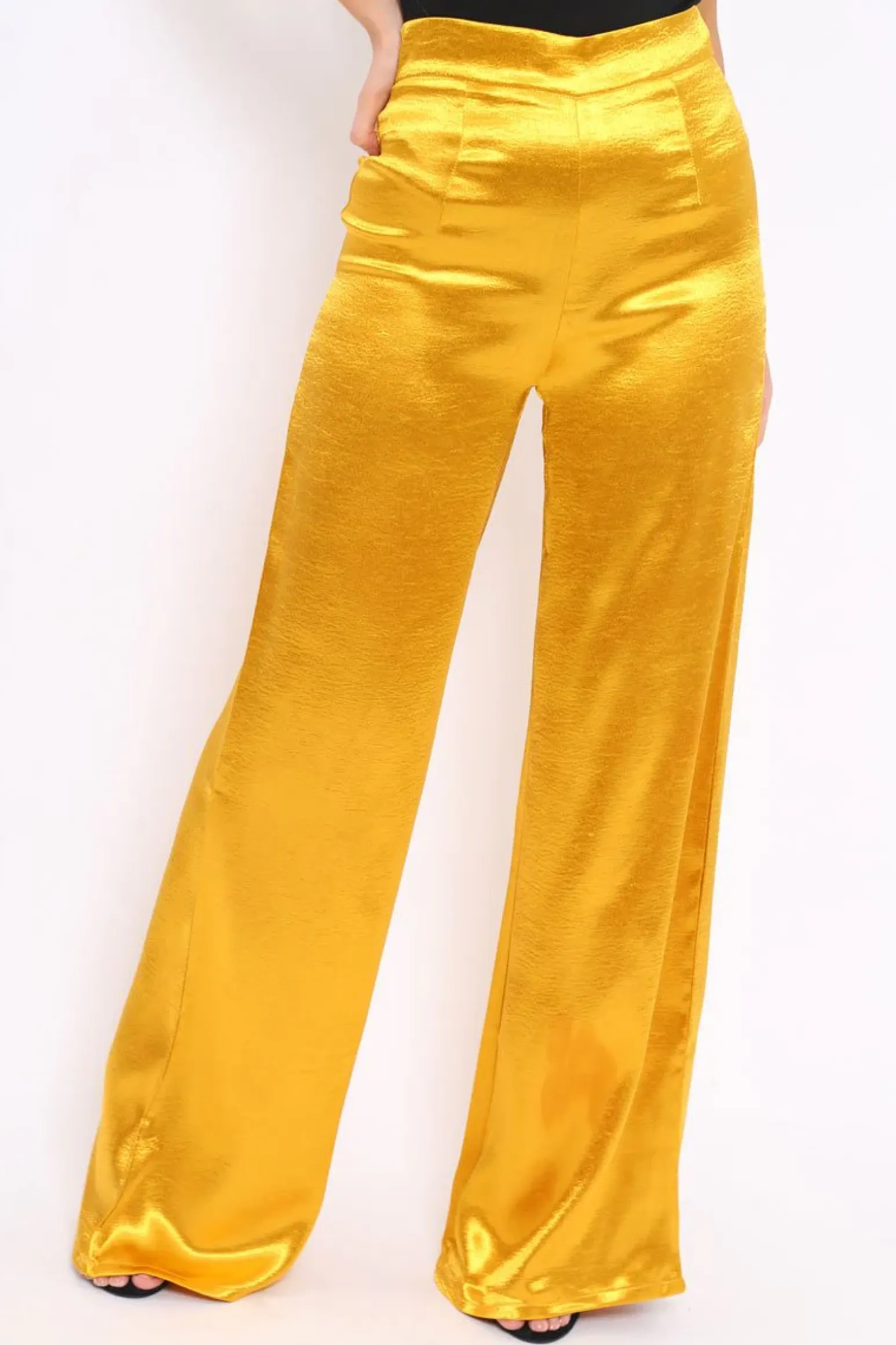 Rebellious Fashion Mustard Satin High Waist Flare Trousers -Tisha