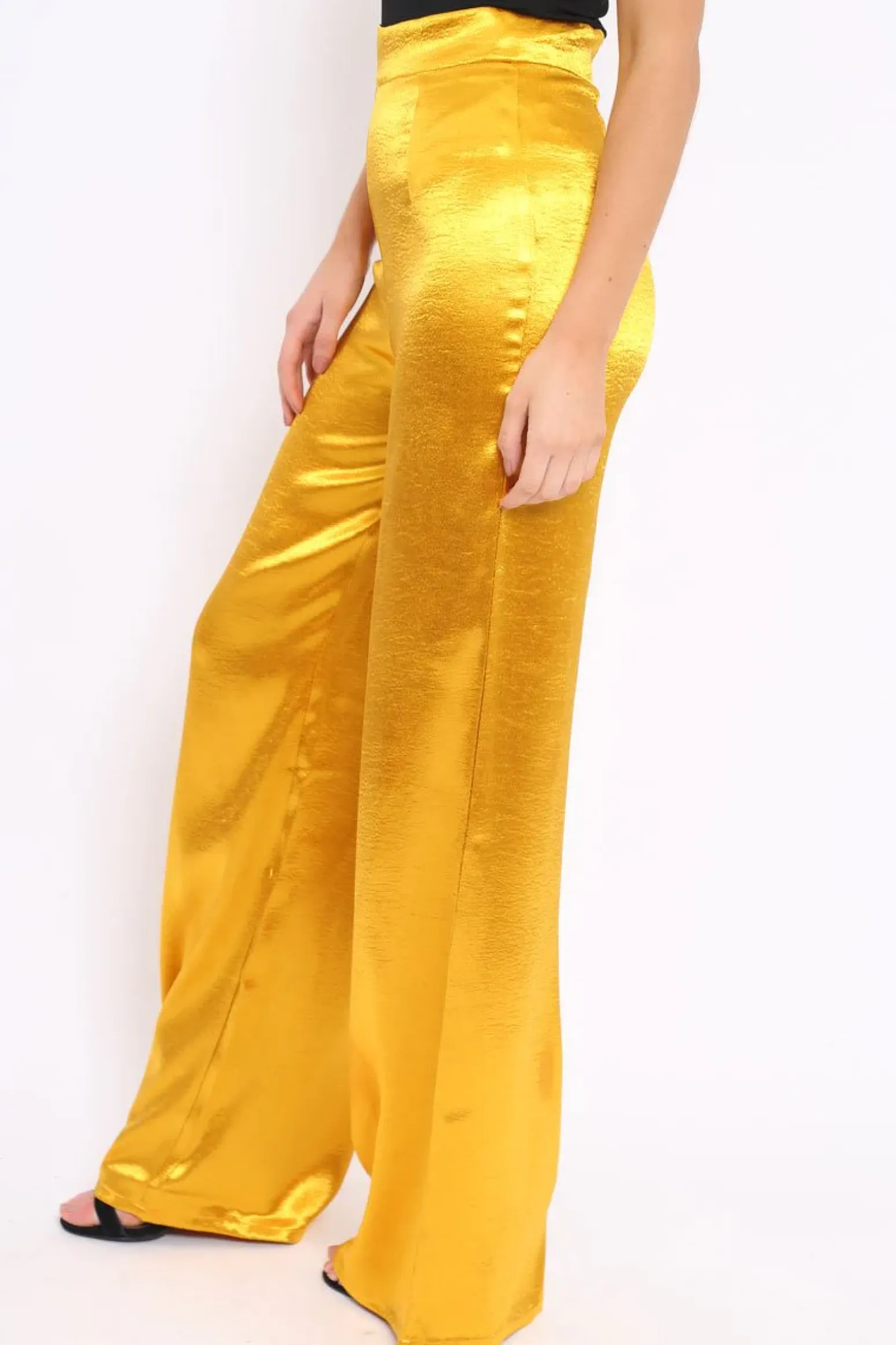 Rebellious Fashion Mustard Satin High Waist Flare Trousers -Tisha