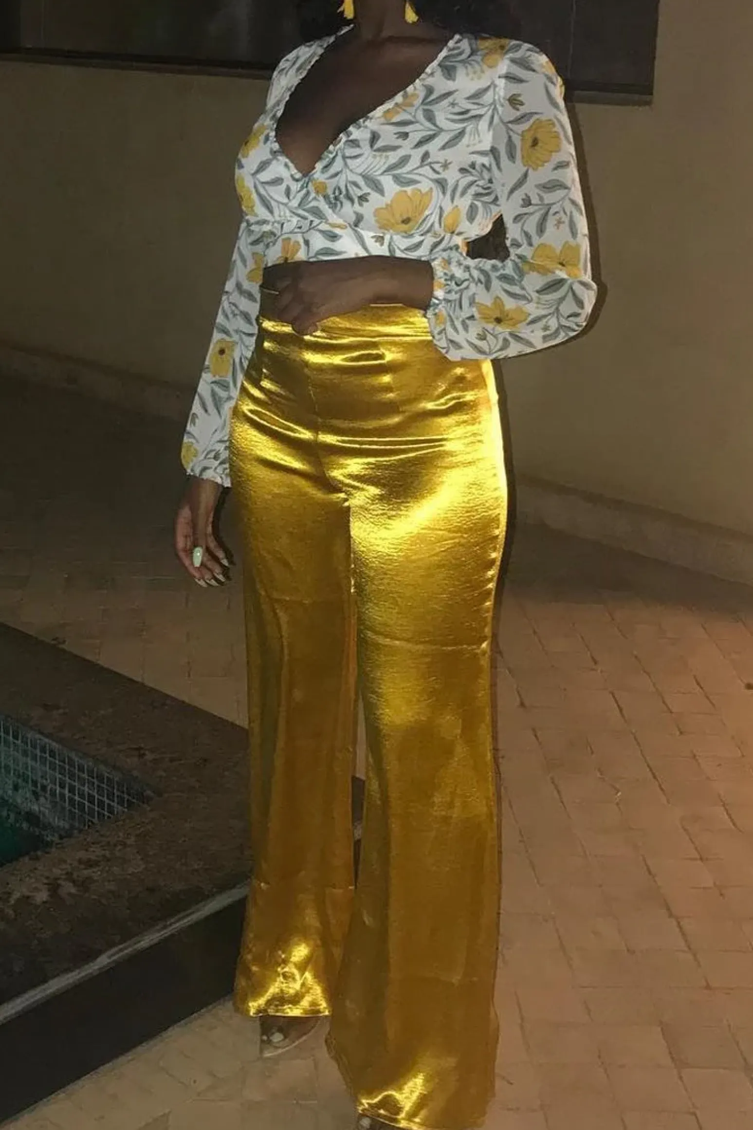 Rebellious Fashion Mustard Satin High Waist Flare Trousers -Tisha