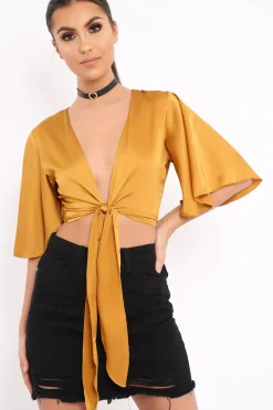 Rebellious Fashion Mustard Satin Tie Crop Top - Alara
