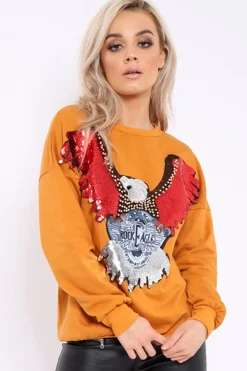 Rebellious Fashion Mustard Sequin Embellished Rock Eagle Slogan Sweatshirt - Zaria