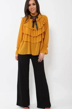Rebellious Fashion Mustard Sheer Ruffle Blouse with Striped Neck Tie - Viktoria