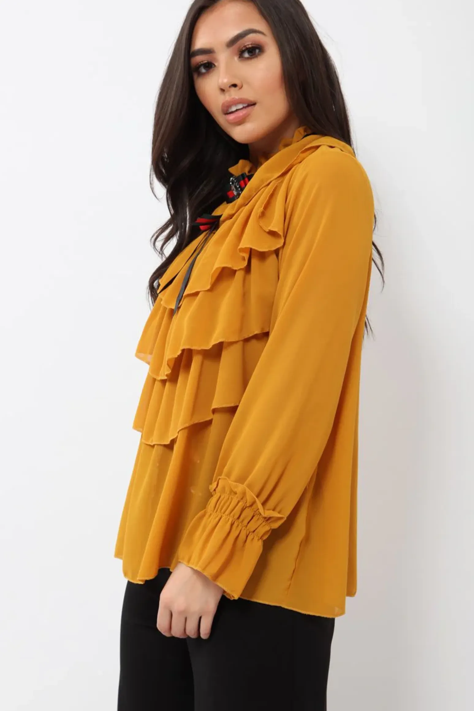 Rebellious Fashion Mustard Sheer Ruffle Blouse with Striped Neck Tie - Viktoria