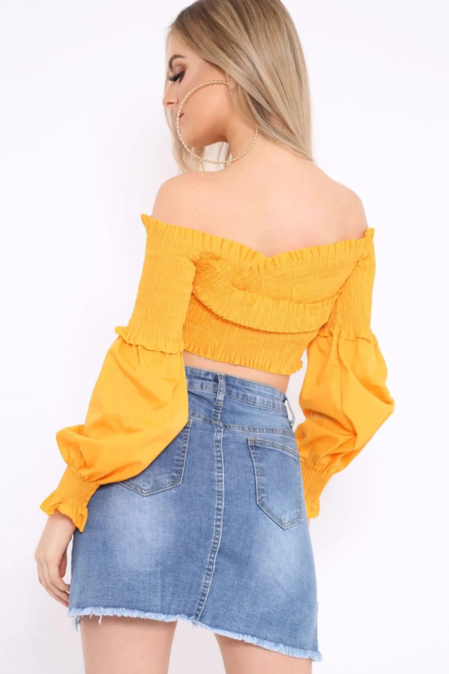Rebellious Fashion Mustard Shirred Bardot Crop Top - Abisha