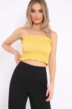 Rebellious Fashion Mustard Shirred Frill Bandeau Crop Top - Camren