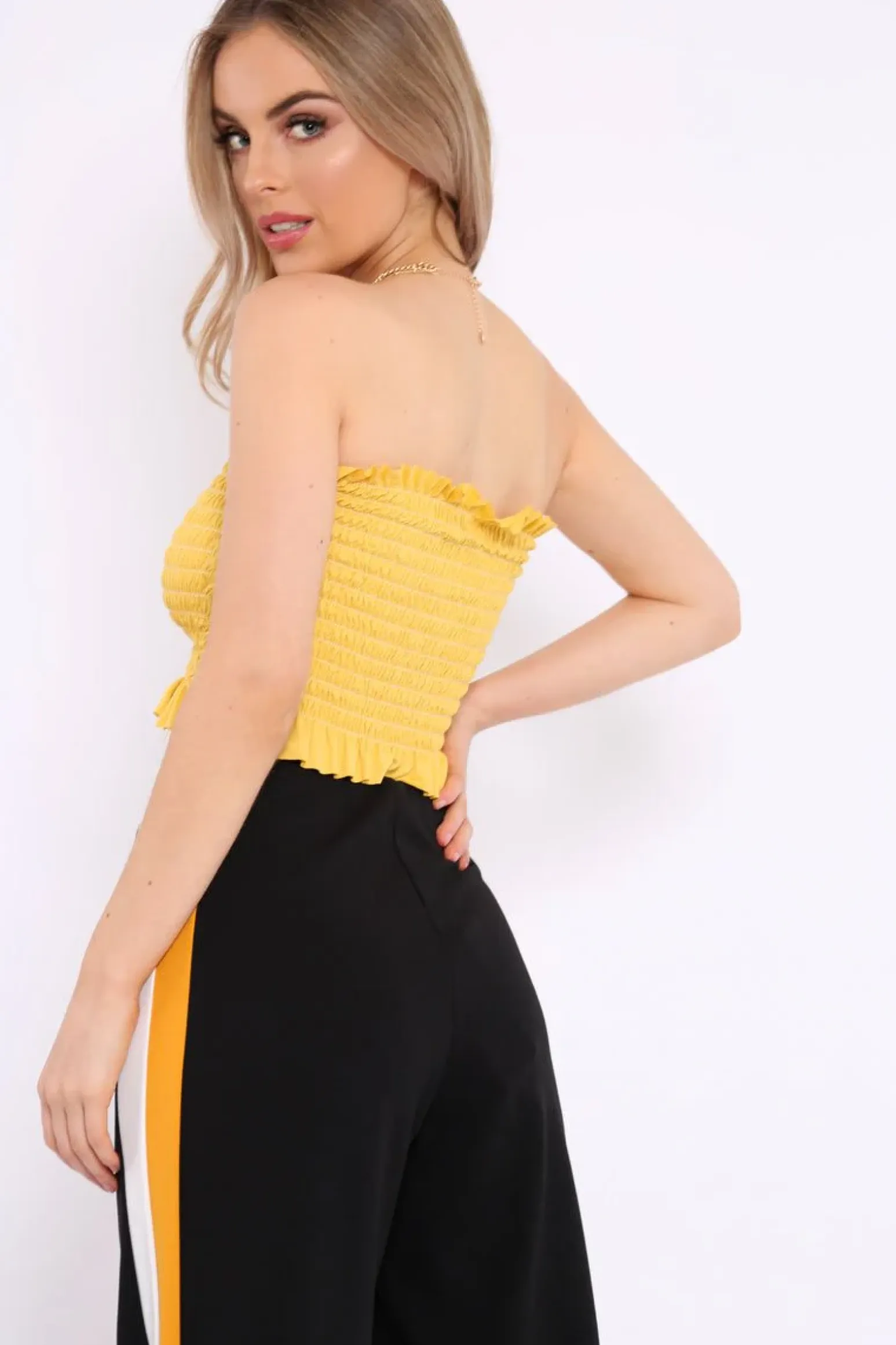 Rebellious Fashion Mustard Shirred Frill Bandeau Crop Top - Camren