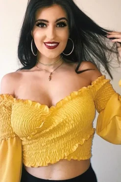 Rebellious Fashion Mustard Shirred Wrap Over Bardot Crop Top - Zuri