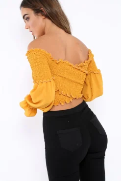 Rebellious Fashion Mustard Shirred Wrap Over Bardot Crop Top - Zuri