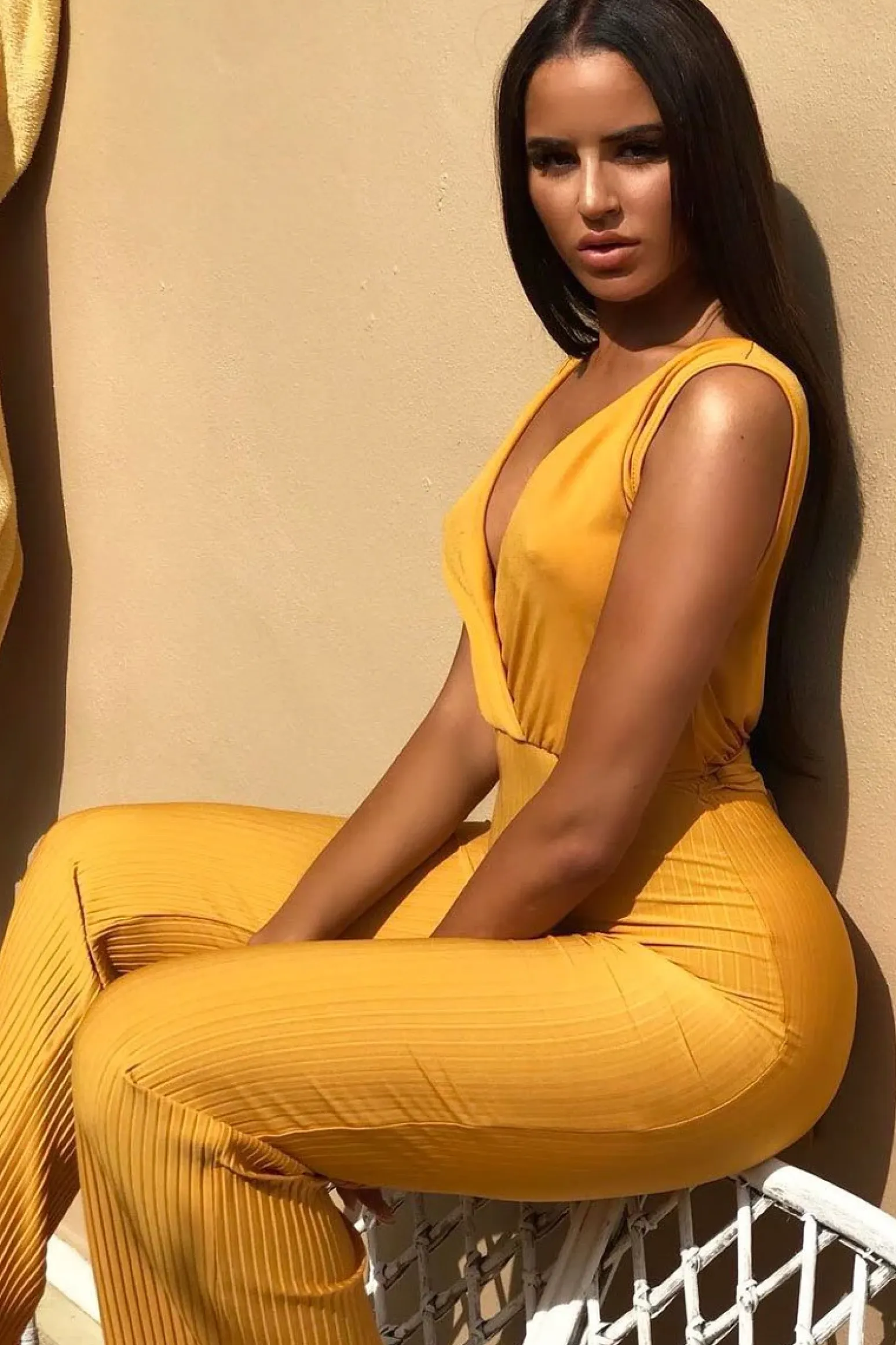 Rebellious Fashion Mustard Slinky Plunge Wide Leg Jumpsuit - Fergie