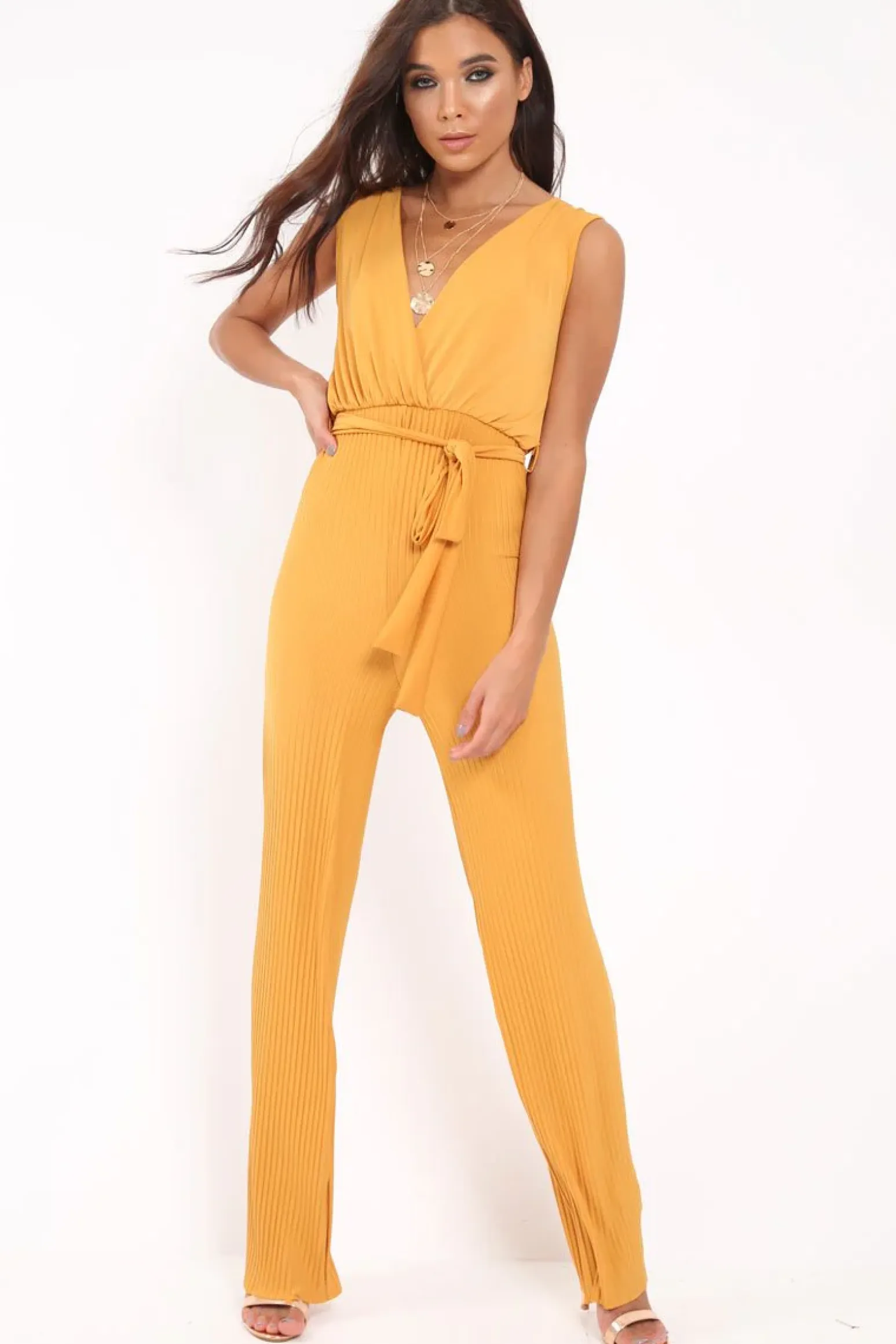 Rebellious Fashion Mustard Slinky Plunge Wide Leg Jumpsuit - Fergie
