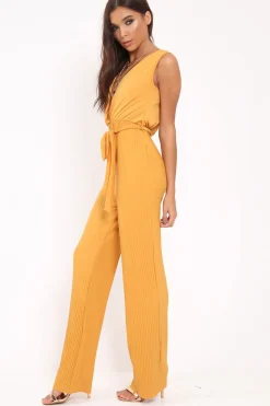 Rebellious Fashion Mustard Slinky Plunge Wide Leg Jumpsuit - Fergie