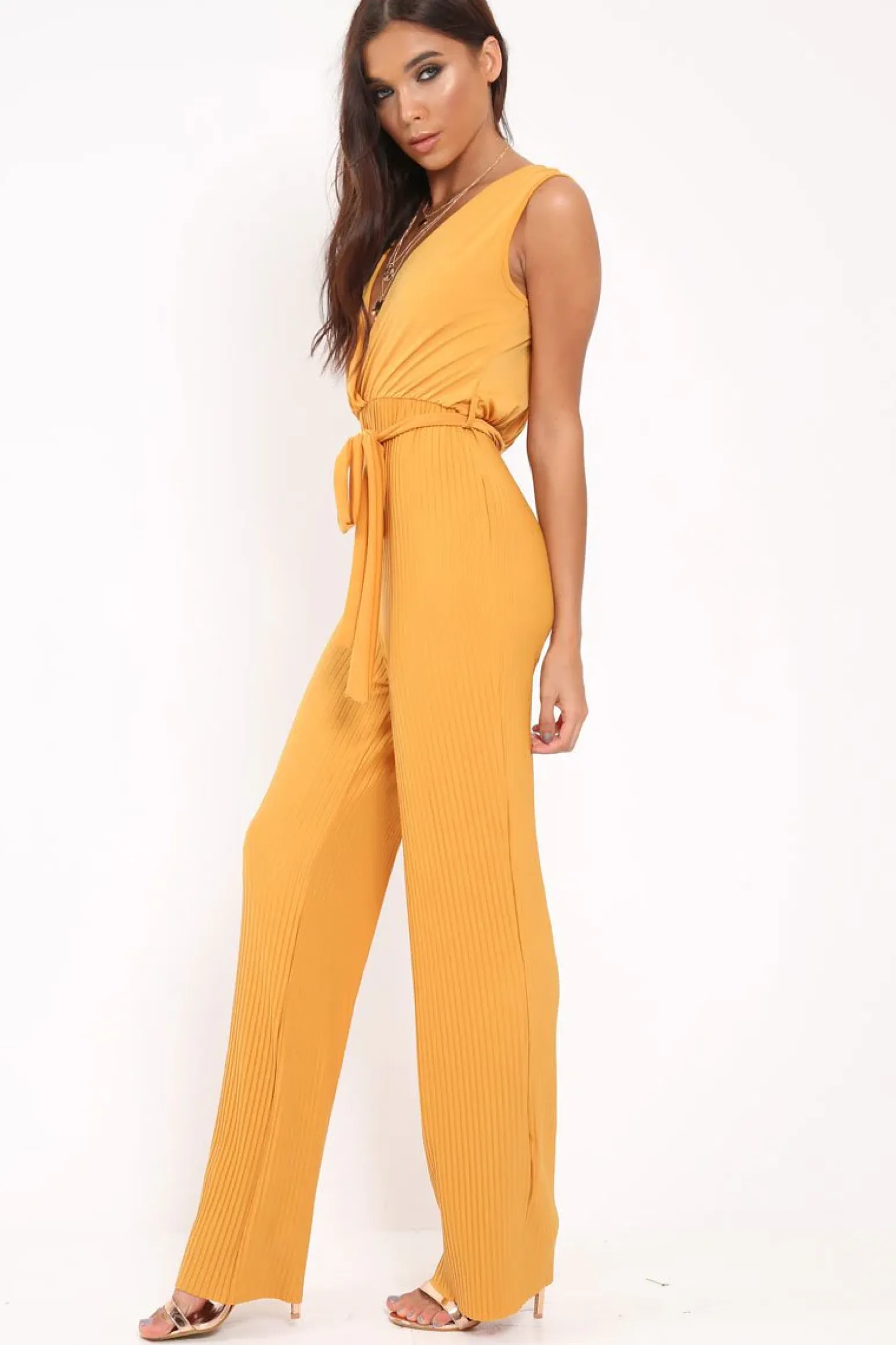 Rebellious Fashion Mustard Slinky Plunge Wide Leg Jumpsuit - Fergie