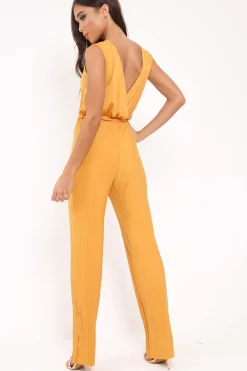 Rebellious Fashion Mustard Slinky Plunge Wide Leg Jumpsuit - Fergie