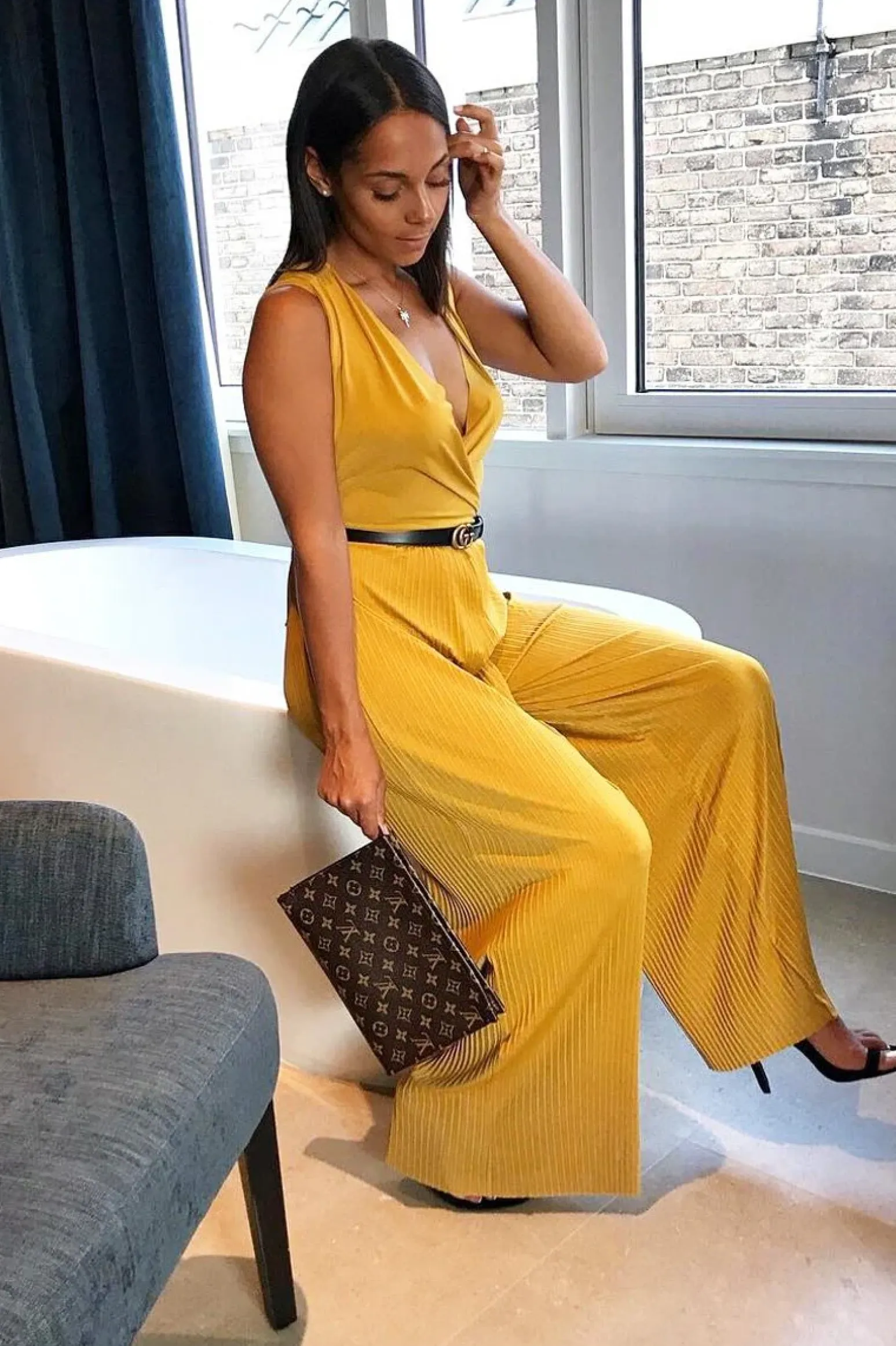 Rebellious Fashion Mustard Slinky Plunge Wide Leg Jumpsuit - Fergie
