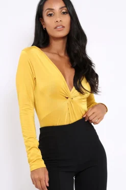 Rebellious Fashion Mustard Slinky Twist Front Bodysuit - Gretchen