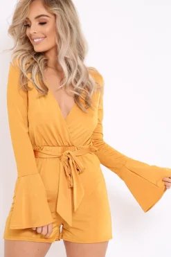 Rebellious Fashion Mustard Slinky Wrap Front Playsuit - Sindy