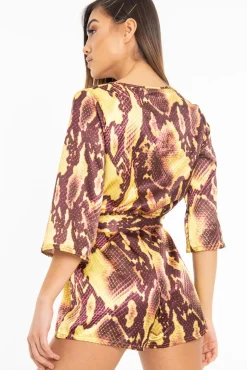 Rebellious Fashion Mustard Snake Satin Plunge Belted Playsuit - Violet
