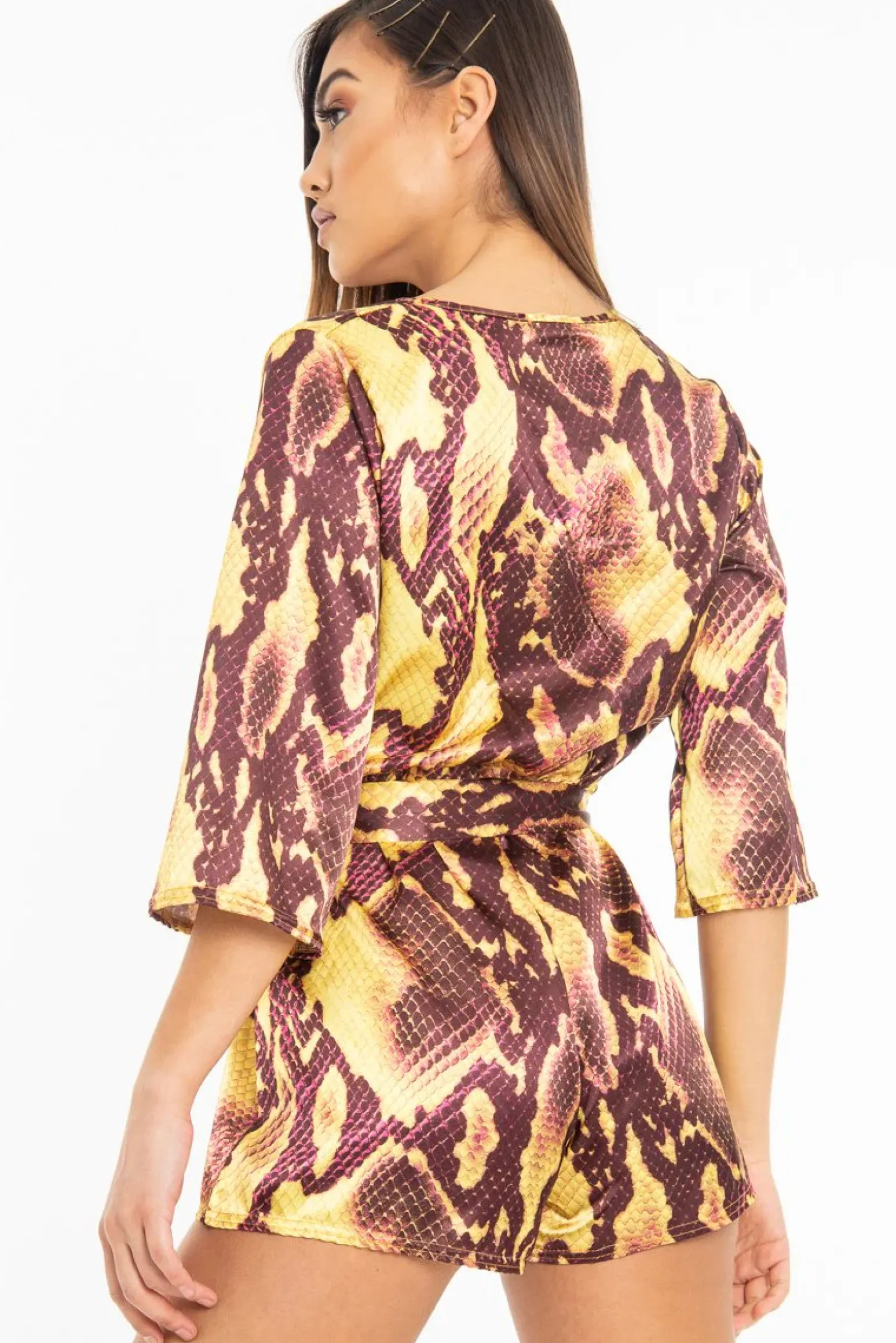 Rebellious Fashion Mustard Snake Satin Plunge Belted Playsuit - Violet