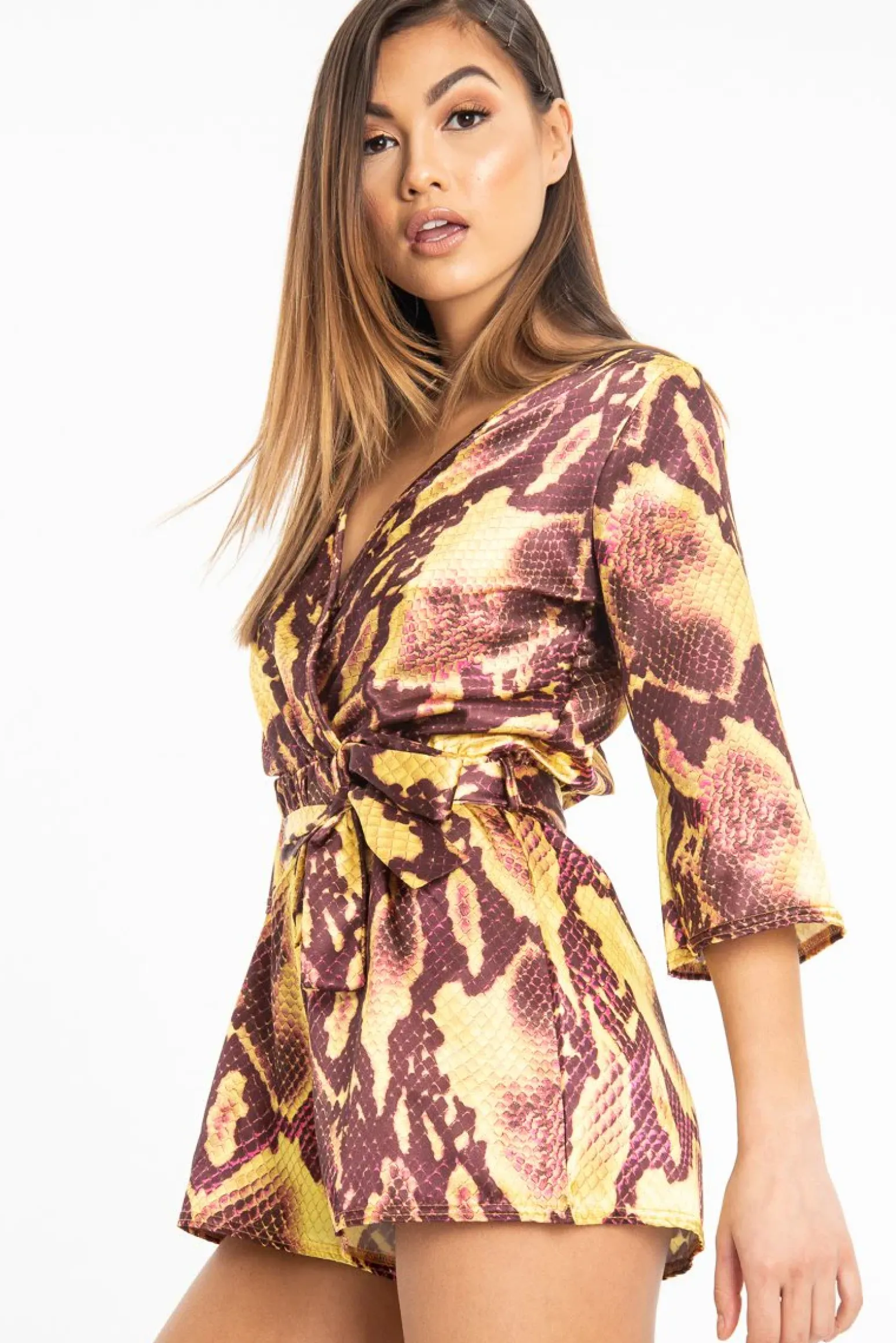 Rebellious Fashion Mustard Snake Satin Plunge Belted Playsuit - Violet