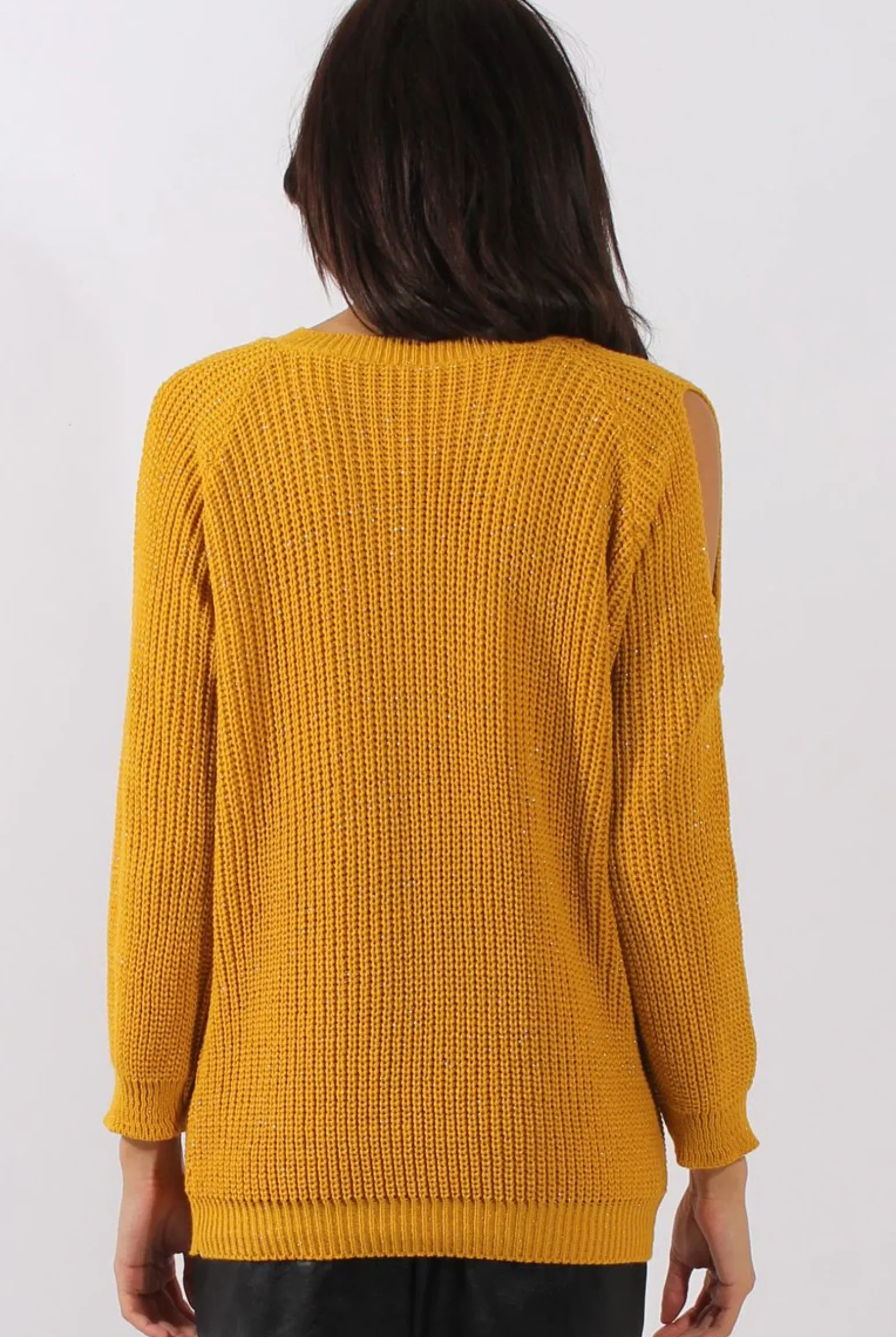 Rebellious Fashion Mustard Sparkle Knitted Cold Shoulder Jumper - May