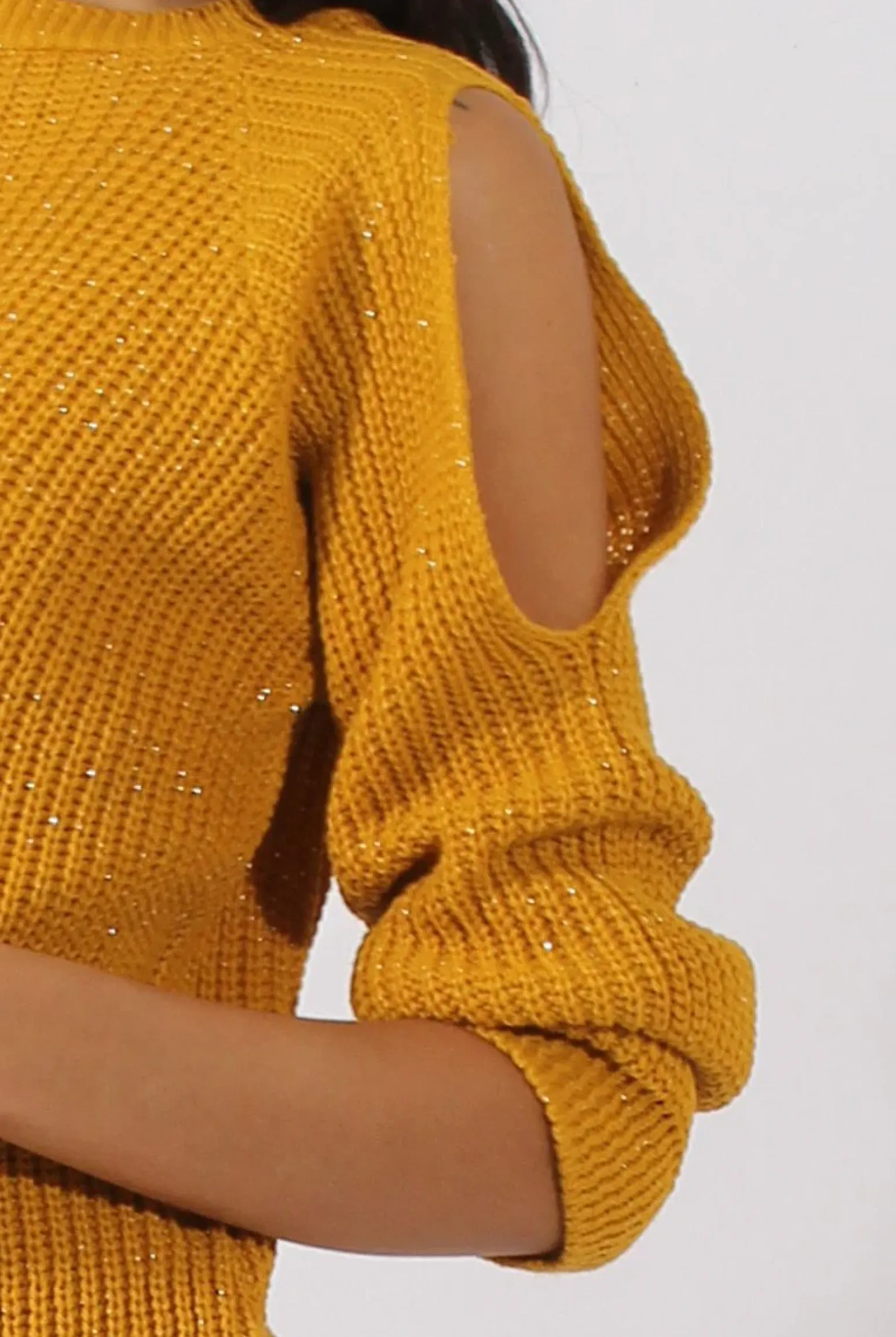 Rebellious Fashion Mustard Sparkle Knitted Cold Shoulder Jumper - May