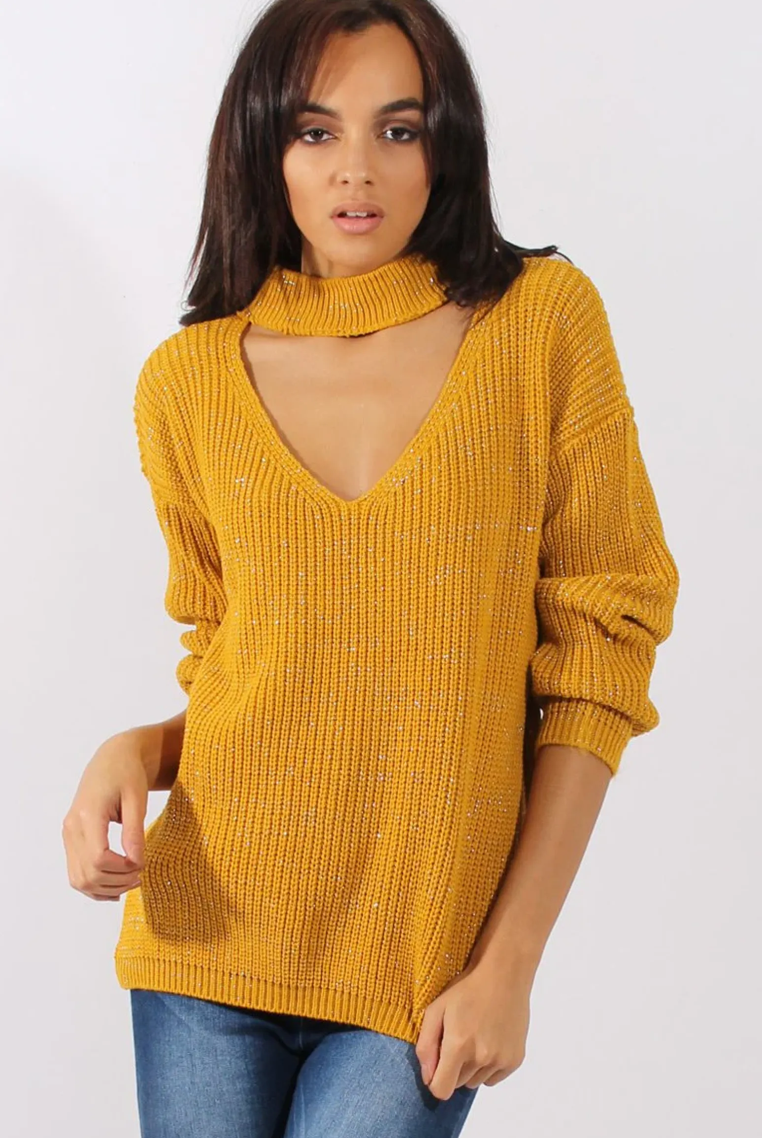 Rebellious Fashion Mustard Sparkle Knitted Cut Out Front Jumper - Meri