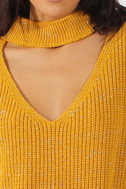 Rebellious Fashion Mustard Sparkle Knitted Cut Out Front Jumper - Meri