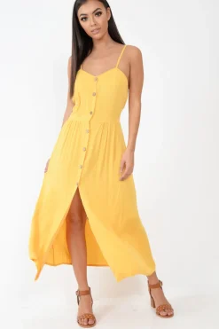Rebellious Fashion Mustard Strappy Button Down Midi Dress - Shaelee