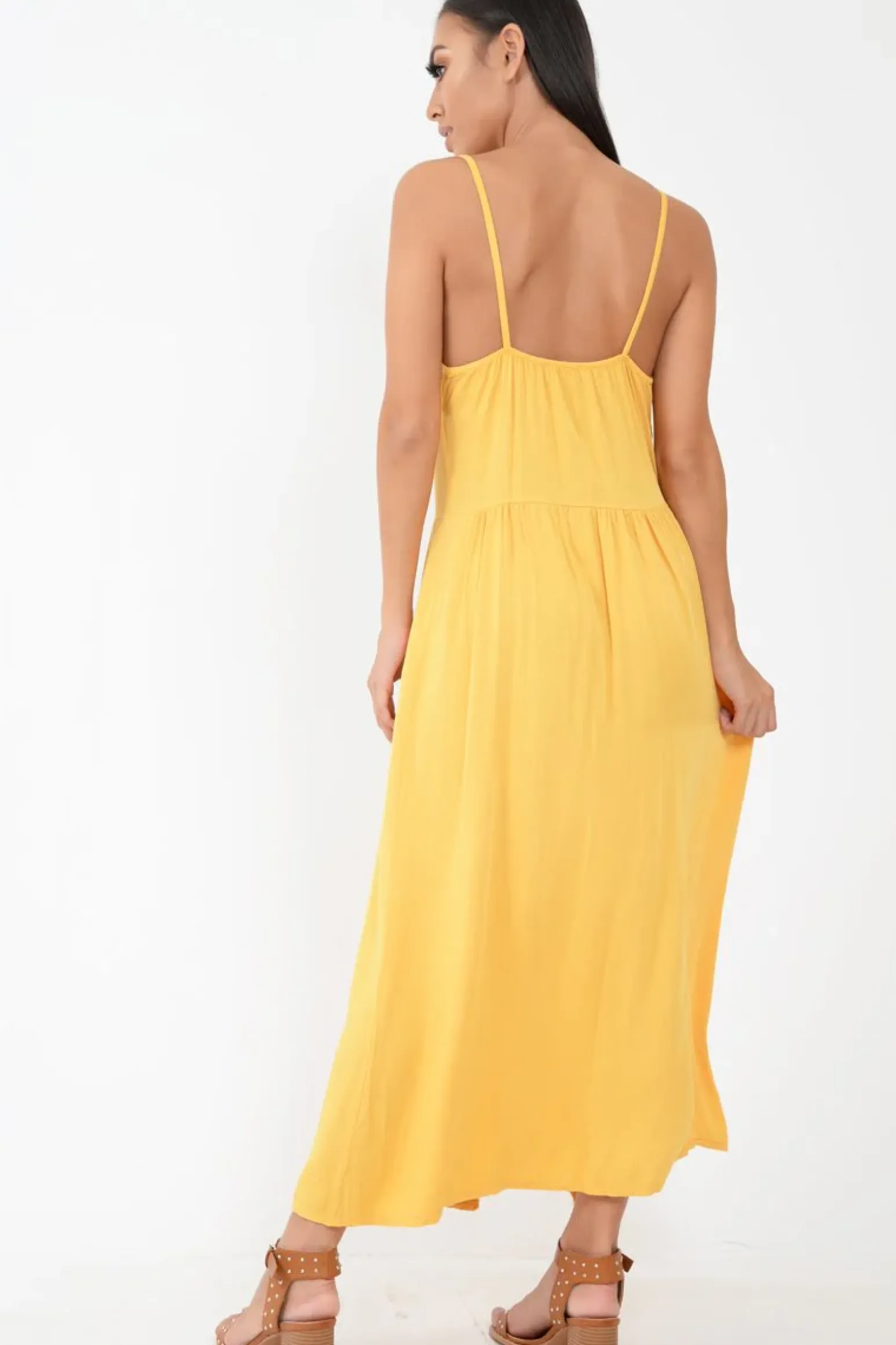 Rebellious Fashion Mustard Strappy Button Down Midi Dress - Shaelee