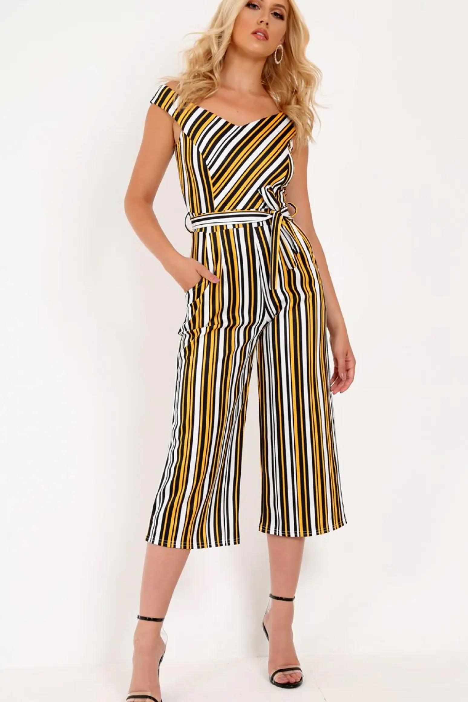 Rebellious Fashion Mustard Stripe Bardot Culotte Jumpsuit - Idania