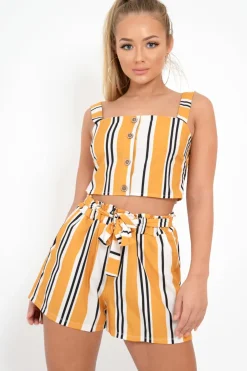 Rebellious Fashion Mustard Stripe Crop Top And Shorts Co-Ord - Taizley