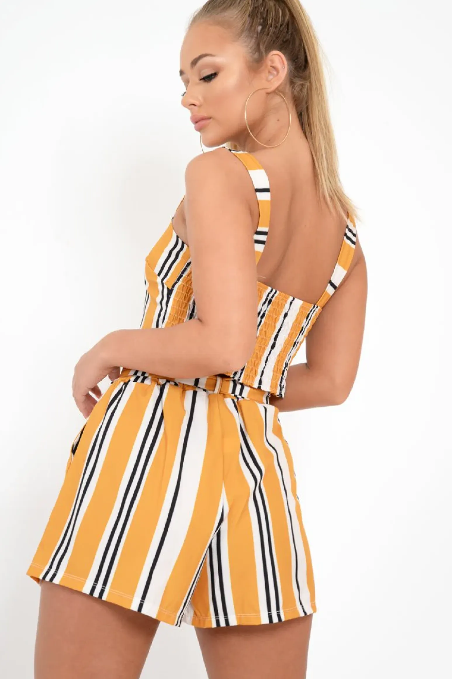 Rebellious Fashion Mustard Stripe Crop Top And Shorts Co-Ord - Taizley