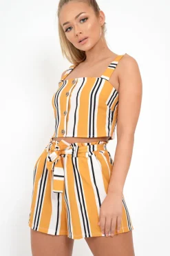 Rebellious Fashion Mustard Stripe Crop Top And Shorts Co-Ord - Taizley
