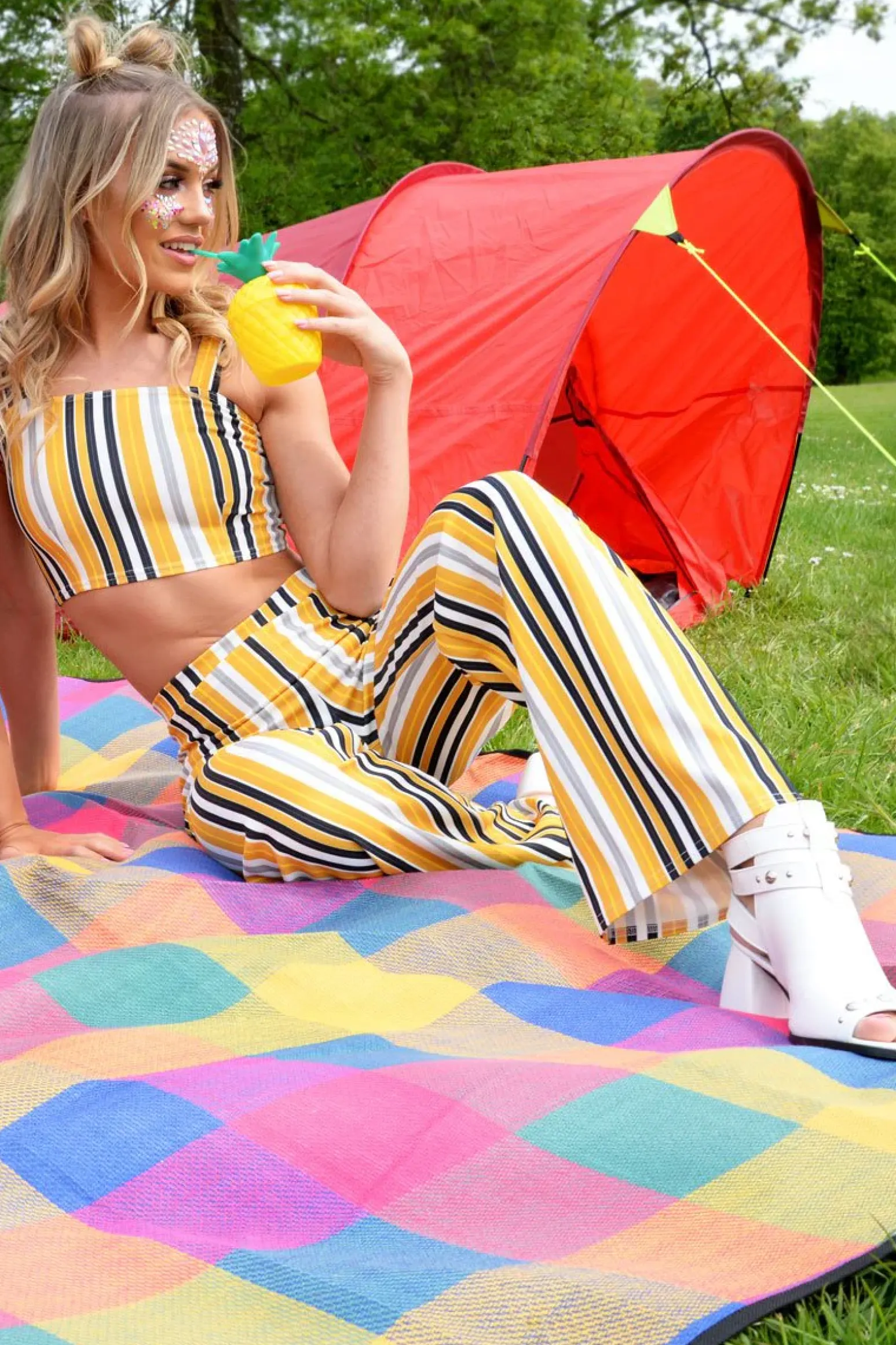 Rebellious Fashion Mustard Striped Crop Top and Trousers Co-ord Set - Kimmy