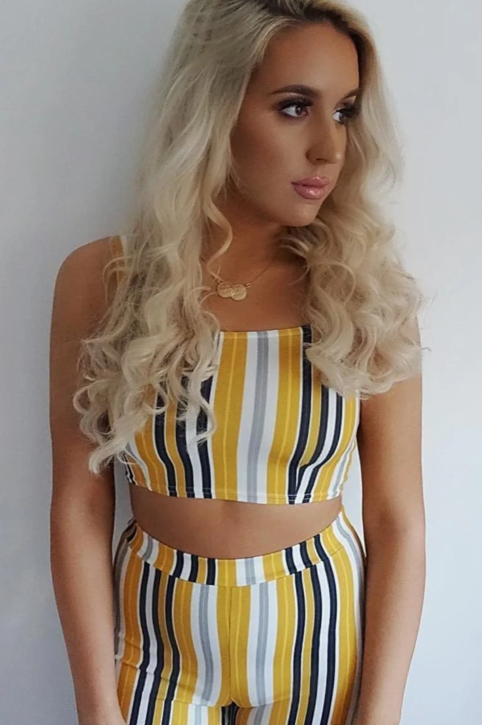 Rebellious Fashion Mustard Striped Crop Top and Trousers Co-ord Set - Kimmy