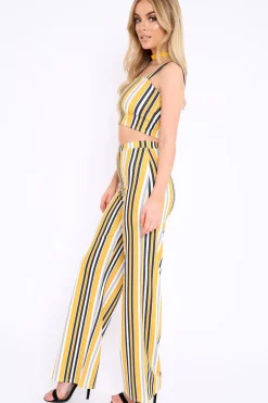 Rebellious Fashion Mustard Striped Crop Top and Trousers Co-ord Set - Kimmy