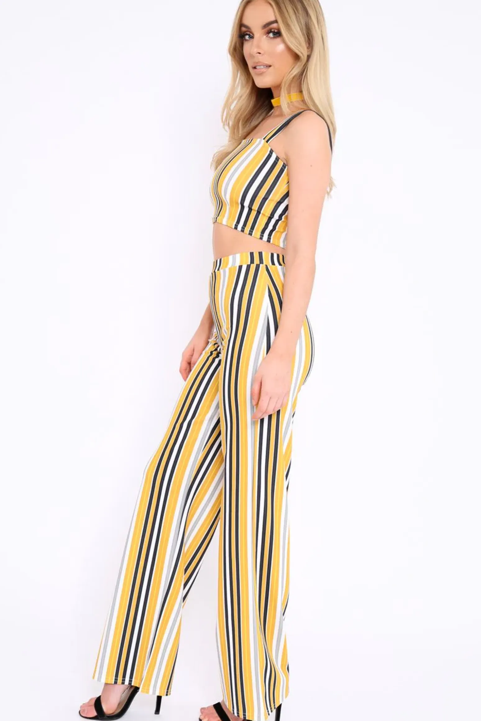 Rebellious Fashion Mustard Striped Crop Top and Trousers Co-ord Set - Kimmy