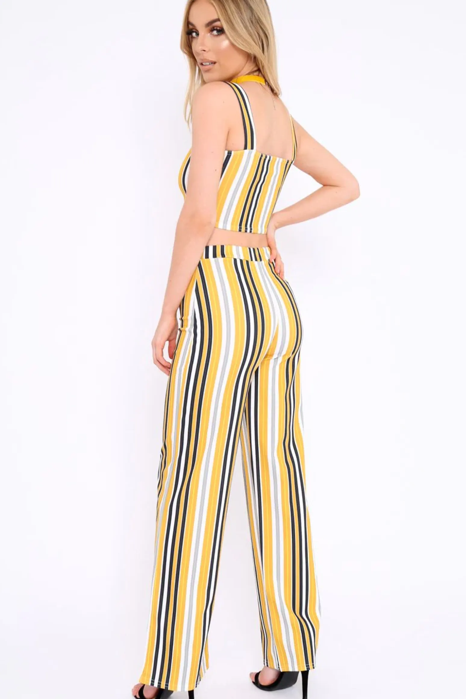Rebellious Fashion Mustard Striped Crop Top and Trousers Co-ord Set - Kimmy