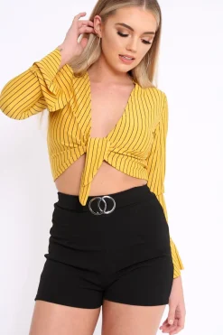 Rebellious Fashion Mustard Striped Plunge Tie Front Flare Sleeve Crop Top - Aimi