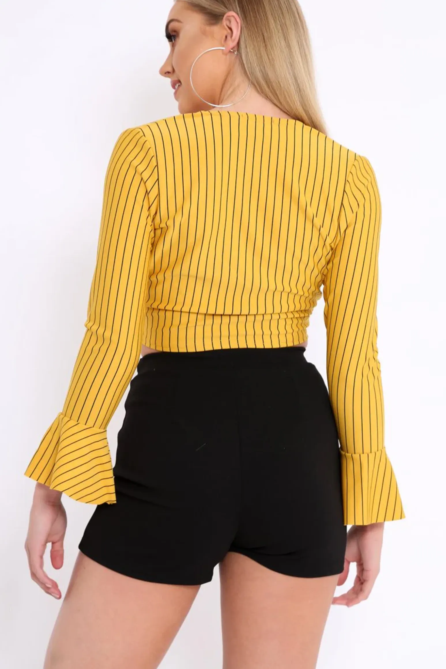 Rebellious Fashion Mustard Striped Plunge Tie Front Flare Sleeve Crop Top - Aimi