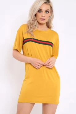 Rebellious Fashion Mustard Stripe Front T Shirt Dress - Kamden