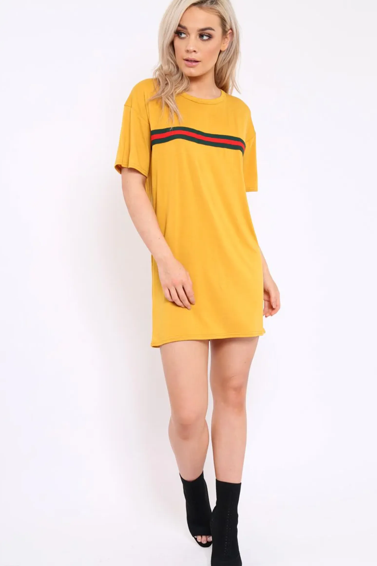 Rebellious Fashion Mustard Stripe Front T Shirt Dress - Kamden