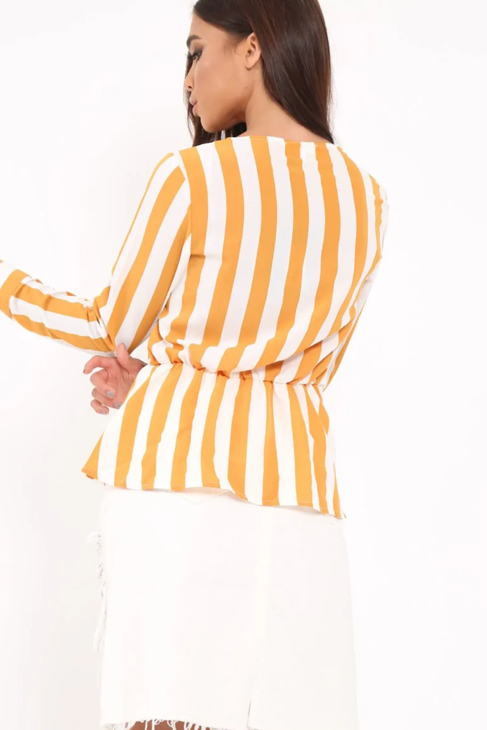 Rebellious Fashion Mustard Stripe Plunge Tie Front Shirt - Halina