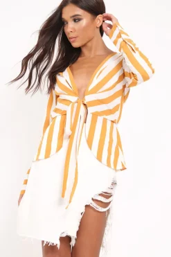 Rebellious Fashion Mustard Stripe Plunge Tie Front Shirt - Halina