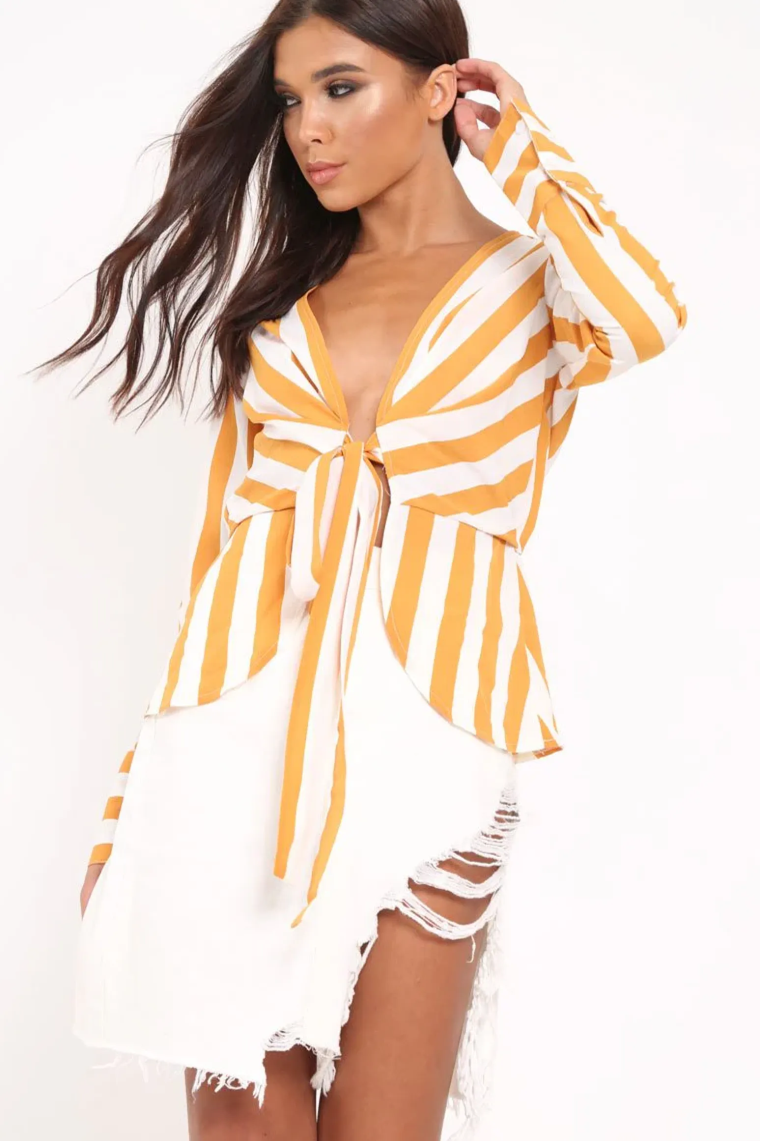 Rebellious Fashion Mustard Stripe Plunge Tie Front Shirt - Halina