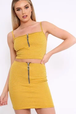 Rebellious Fashion Mustard Stripe Ring Zip Front Mini Skirt And Bralet - Rosi
