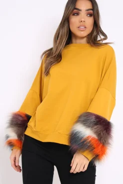 Rebellious Fashion Mustard Sweatshirt with Multicolour Fur Sleeves - Loise
