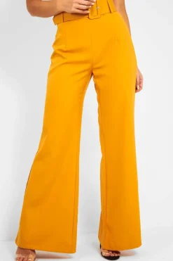 Rebellious Fashion Mustard Tailored Wide Leg Belted Trousers - Chenelle